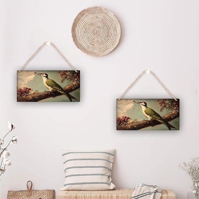 Retro Woodpecker on Berry branches Wooden Sign 12x6 Inch, Nature Art for Country-Inspired Homes, Living Room Highlight, Great Gift for Bird Collector Fans & Nature Enthusiasts