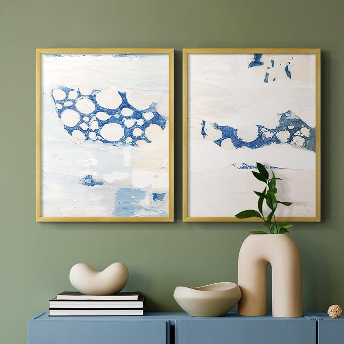 Renditions Gallery Set of 2 Peel & Stick Framed Prints, Textured Abstract Wall Art, White Blue Bubble Like Pattern Wall Decor, Re-Stickable - Ready to Hang - 8"x10" - GOLD Frame LT588