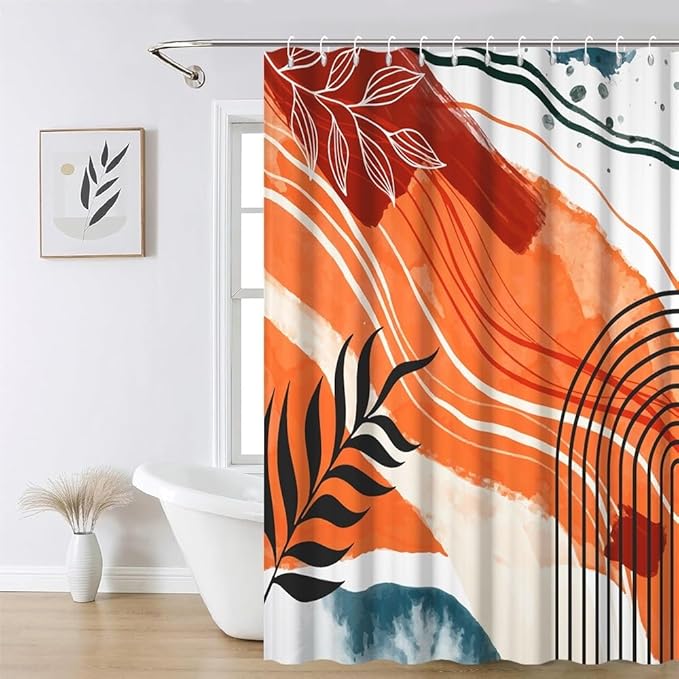 Mid Century Boho Shower Curtain for Bathroom Modern Abstract Aesthetic Bathroom Decor Set Abstract Geometric Leaf Bathtub Curtains Machine Washable Waterproof Polyester Fabric with Hooks 65x72 Inch