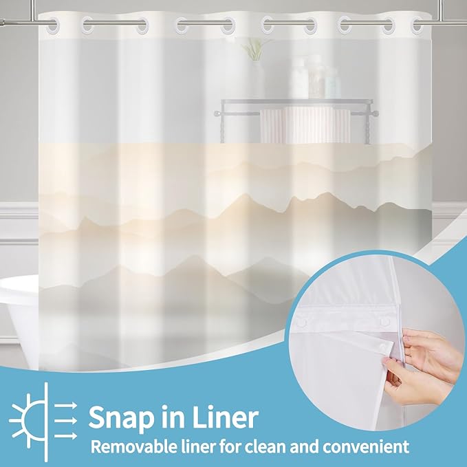 No Hook Shower Curtain with Snap in Fabric Liner Set Nature Misty Mountains Shower Curtains for Bathroom Modern Double Layers Waterproof with See Through Top Window Bath Curtain 71x74 Inch