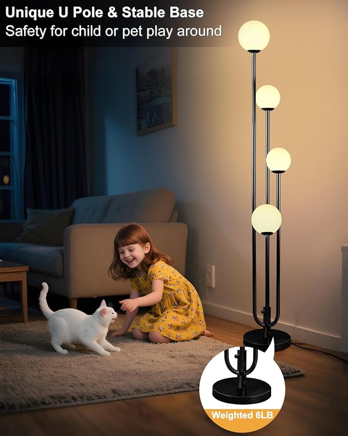 Lightdot Black Globe Floor Lamp 4-Lights Dimmable Floor Lamps with Tray 3000K Bulbs Included Unique Candle Mid Century Tall Standing Lamp with 5Lbs Heavy Base for Living Room/Bedroom/Sofa Beside