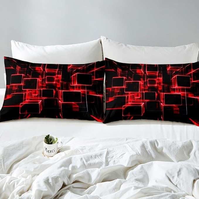 Erosebridal Fire Red and Black Kids Duvet Cover Twin, Modern Geometric Square Bedding for Boys Girls Gradient Neon Light Honeycomb Bed Set Soft Microfiber Bed Cover with 1 Pillowcase
