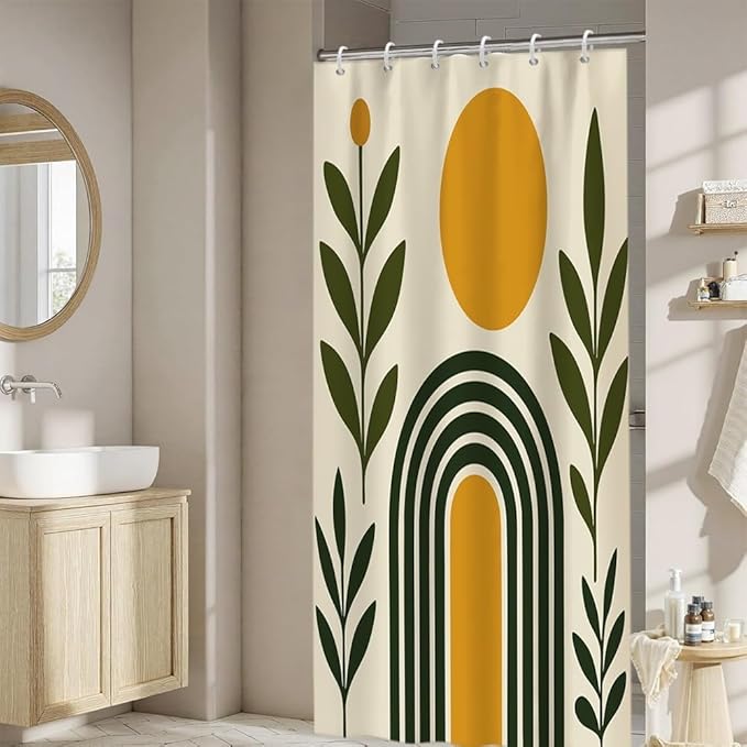 Modern Boho Shower Curtain for Bathroom Abstract Minimalist Bathroom Decor Set Green Leaves Arch Sun Bathtub Curtains Machine Washable Waterproof Polyester Fabric with Hooks 36x72 Inch
