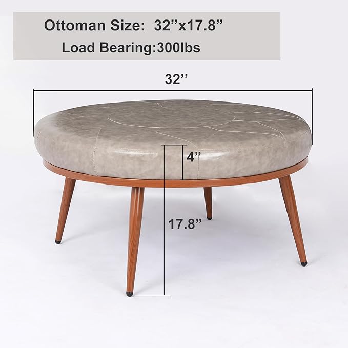Elegant Round Ottoman Coffee Table - PU Leather Fabric, Metal Frame, Thick Cushioned Tabletop for Living Room, Therapy Room, or Style Lovers - Perfect as Coffee Table, Footstool, or Chair-Grey