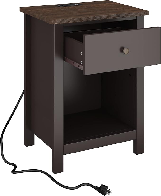 ChooChoo Nightstand with Charging Station, Wooden Top Bedside Table with Drawer and Storage Space for Bedroom, Espresso