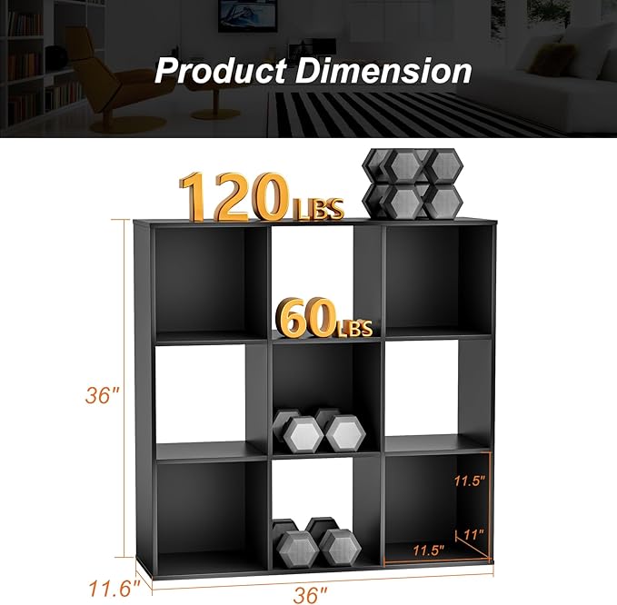 Sweetcrispy 9 Cube Storage Organizer - Open Cube Bookshelf with 5 Removable Back Panels, Display Storage Bookcase for Living Room, Bedroom, Entrance Hall, Home Office，36" Lx11.6 Wx36 H, Black