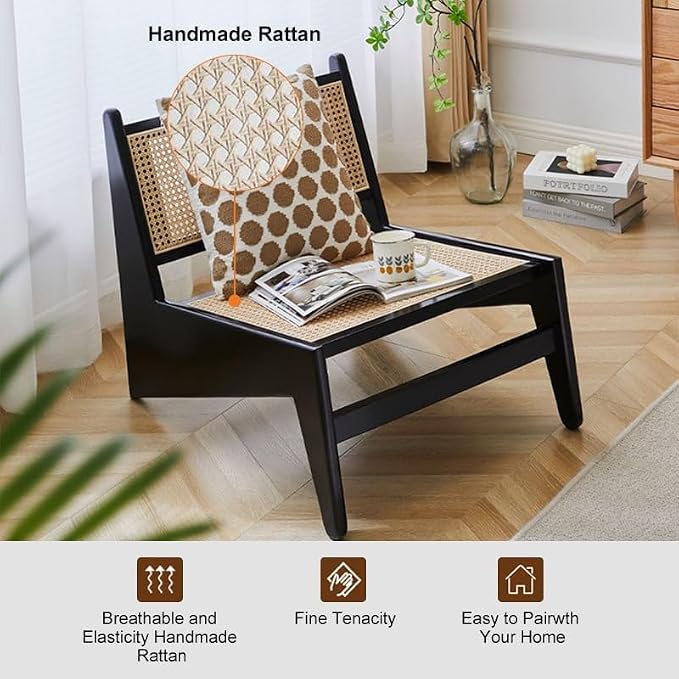 homary Japandi Rattan and Wood Lounge Chairs Mid Century Modern Armless Accent Chair for Living Room Bedroom Balcony & Patio (Black)