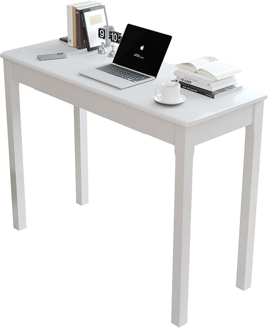 Solid Wood Desk with Drawers - 39" Narrow Desks for Small Spaces, Mid Century Modern Desks, Small Wooden Vintage Computer Writing Desk, Study Table for Home Office Bedroom, White