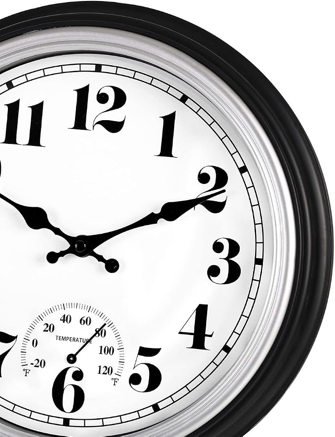 45MinST 12 Inch Indoor/Outdoor Retro Round Waterproof Wall Clock with Thermometer, Silent Non Ticking Battery Operated Quality Quartz Wall Clock Home/Patio Decor(Silver F)