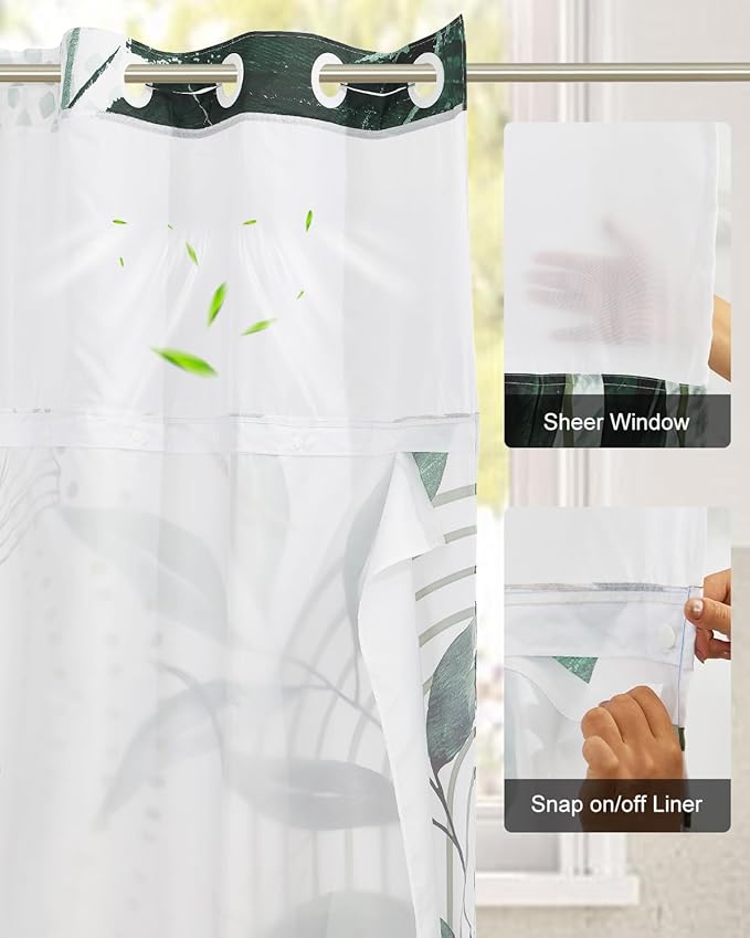 No Hook Shower Curtain with Snap in Liner Set, Abstract Green Botanical Leaf Print Shower Curtains for Modern Boho Bathroom, Mesh Top Waterproof Double Layer Bath Curtain, 71x74 Inch