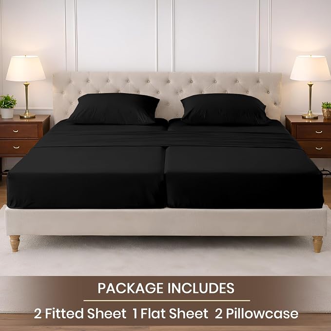 SGI Split King Sheet Set for Adjustable Bed Egyptian Premium Cotton 600 Thread Count Sheets for Sleep Number Bed 15" Deep Pocket 5 Pc Set with 2 Twin XL Fitted Sheets Soft Breathable -Black