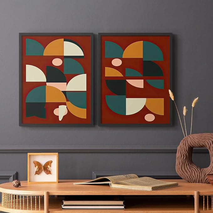 Renditions Gallery Set of 2 Peel & Stick Framed Prints, Mid Century Abstract Wall Art, Modern Geometric Shapes Wall Decor, Re-Stickable - Ready to Hang - 8"x10" - Black Frame LT588