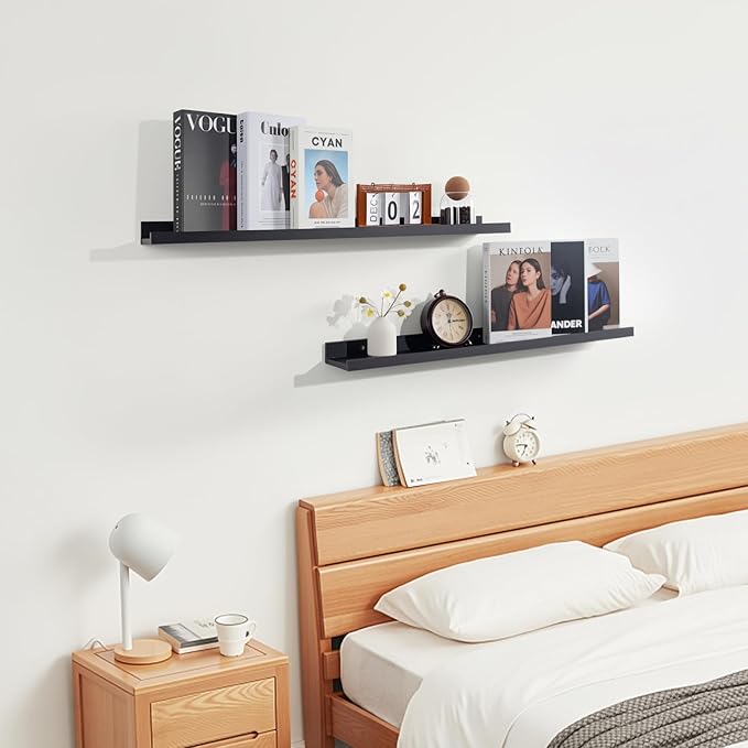 NEXHOME PRO Floating Shelves for Wall Set of 4,24 Inches Picture Ledge Shelf, Kids Bookshelf Wall Mounted for Living Room Bedroom Bathroom Kitchen, Easy Install,Black
