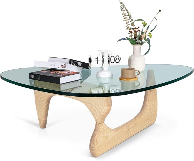 Triangle Glass Coffee Table, Mid-Century Modern Coffee Table, Solid Wood Base and Triangle Clear Glass Top Modern Table for Living Room, Office, Patio