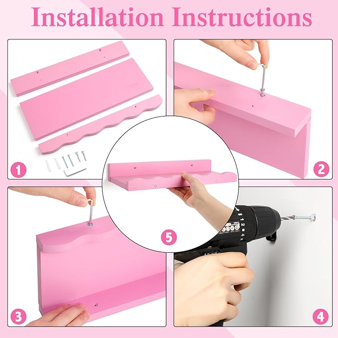 Suzile Set of 4 Floating Nursery Book Shelves for Wall Wood Floating Bookshelves Picture Small Ledge Shelf for Wall Boys Girls Teen Room Bathroom Bedroom Decor Storage(Pink)