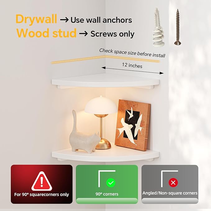 Floating Corner Shelves White 12", Solid Oak Wall Mounted Wooden Display Storage Rack with Wire Hole for Plants, Photos, Speakers, Bedroom, Kitchen, Living Room Décor - 2-Pack
