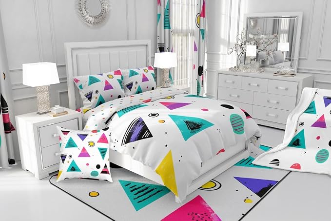 Geometric Duvet Cover 80s and 90s Hip Hop Bedding Set,Hipster Funky Comforter Cover Eighties Fashion Style Queen Bed Set,Round Triangle Square Diamond Shapes Artwork 1990S Memphis Home Decor