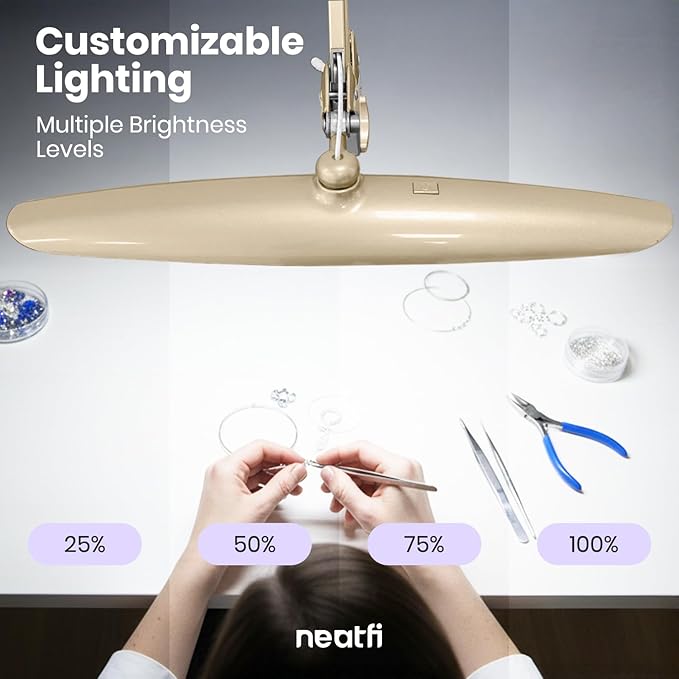 Neatfi XL Nail Desk Lamp with Clamp, 2200 Lumens, 20-Inch Wide Head, Dimmable 4 Levels, 6500K, LED Task Light for Manicure Table, Crafts, Workbench, Office (Non-CCT, Gold)