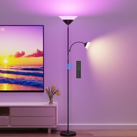 RGB Torchiere Floor Lamp, 2-in-1 Dimmable Standing Lamp with Remote & Button Control, 34W 360° Rotatable LED Reading Lamp, 72" Modern Tall Corner Lamp for Bedroom, Living Room, Office, Black