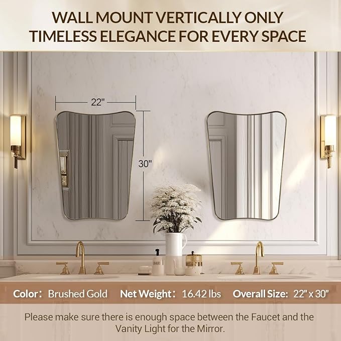 MIRRORTART Contemporary Gold Bathroom Mirrors, 22x30'' Brass Asymmetrical Scalloped Butterfly Rectangle Mirror in 1'' Stainless Steel Metal Frame for Home Decor Wall Mounted Vertical Only