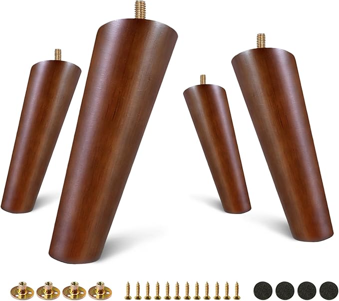 FoDau770 Brown Rubber Wood Furniture Legs 6 Inches, Slant Tapered Wood Feet Mid Century Sofa Legs Set of 8, 5/16" UNC Furniture Feet Replacement Parts for Cabinet Couch Dresser Chair Ottoman Table