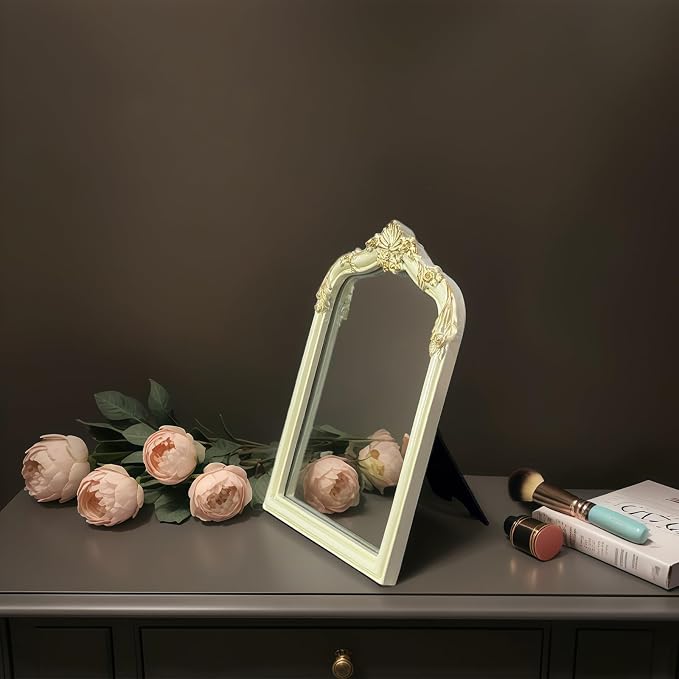 Cream Flower Bow Mirror - 13x10 Inch Elegant Decorative Accent, Wall-Mounted & Tabletop Makeup Mirror for Bedroom Decor