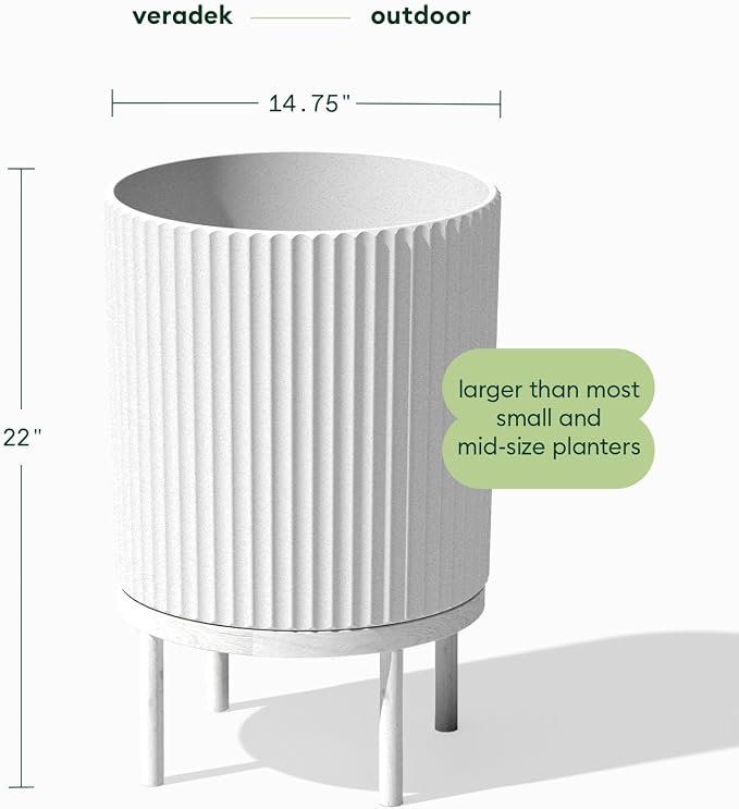 Veradek Demi Series Round Planter w/Stand for Porch/Patio | Durable Plastic-Stone Composite & Wooden Stand | Modern Décor for Tall Plants, Flowers
