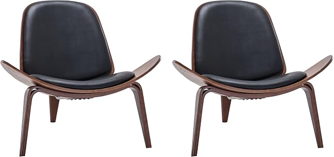 BELLEZE Shell Chairs Set of 2, Armless Mid Century Modern Accent Chairs Faux Leather Shell Lounge Chairs for Living Room Bedroom, Tripod Side Chairs with Padded Seat, Solid Wood- Avalon (Black)
