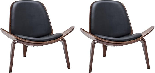 BELLEZE Shell Chairs Set of 2, Armless Mid Century Modern Accent Chairs Faux Leather Shell Lounge Chairs for Living Room Bedroom, Tripod Side Chairs with Padded Seat, Solid Wood- Avalon (Black)