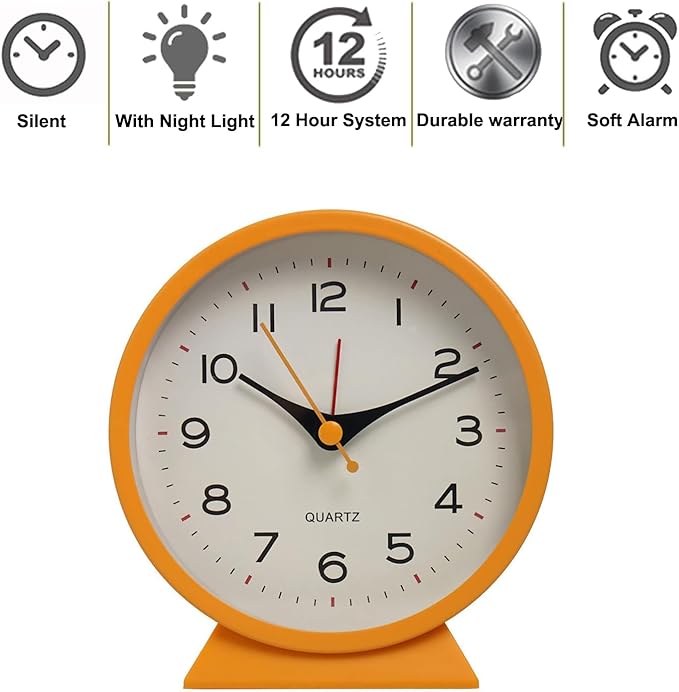 SHISEDECO 4.5" Battery Operated Antique Retro Analog Alarm Clock, Small Silent Bedside Deskclock with Light Function, Non-Ticking Tableclock Decor for Living Room, Bedroom, Bedside, Shelf (Orange)