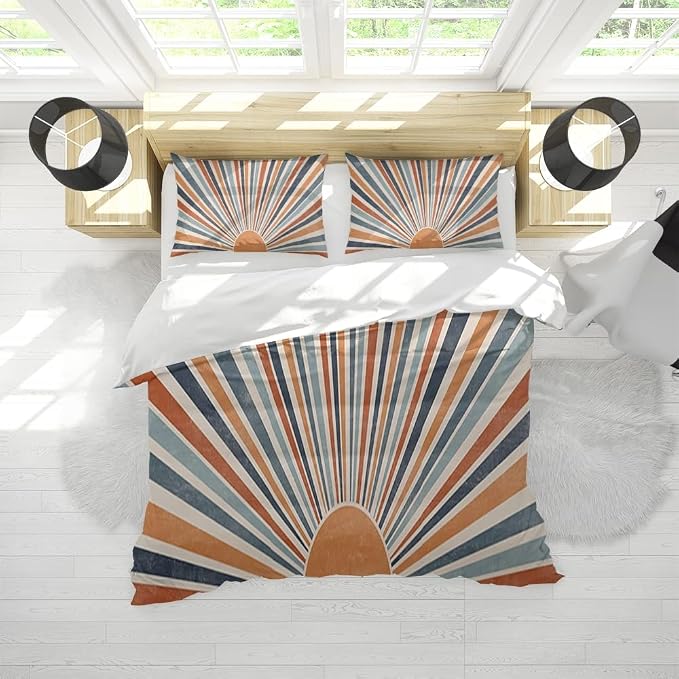 Boho Colorful Sunrise Duvet Cover Set Twin Size Boho Abstract Mid Century Orange Comforter Cover Minimalist Art Lightweight Soft Bedding Set 3 Pcs Breathable Bedding Set with 2 Pillowcase