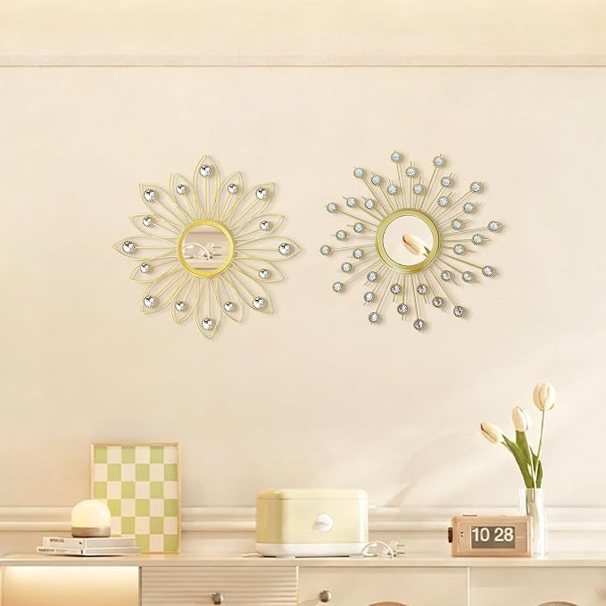 2 Pack Metal Mirrors for Wall Boho Sunburst Wall Mirror Home Decor Modern Decorative Wall Art for Bedroom Living Room Entryway