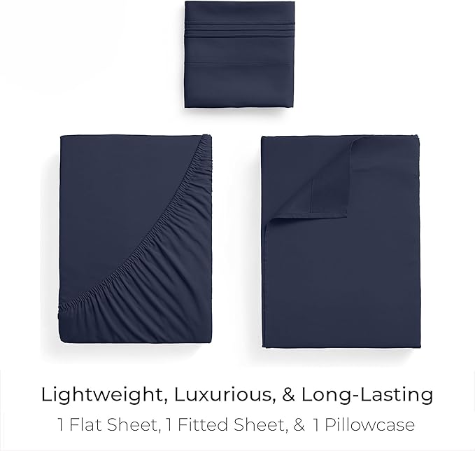 Mellanni Twin XL Sheets Set - 3 PC Iconic Collection Bedding - Hotel Luxury, Extra Soft, Cooling Bed Sheets - Wrinkle, Fade, Stain Resistant (Twin Extra Long, Navy Blue)