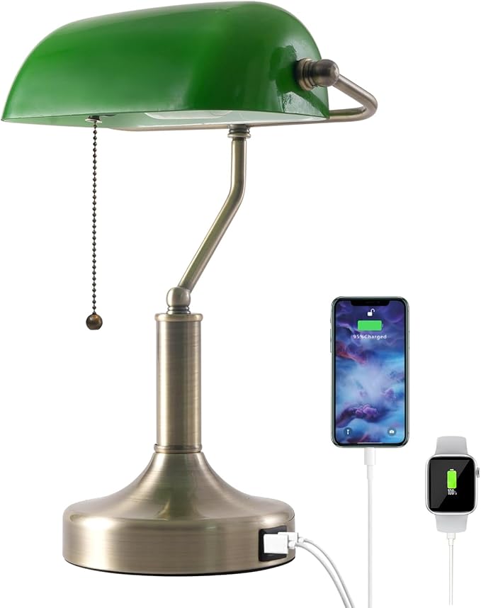 Banker Desk Lamp Green Glass, Antique Desk Lamps with Brass Base, Traditional Library Table Lamp with USB A and Type C Charging Port for Office, Study Room, Pull Chain Switch