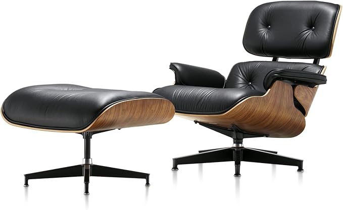 Mid Century Chaise Lounge Chair with Ottoman, Top Black Grain Leather, Modern Office Chair Classic Design, Heavy Duty Base Support for Living Room Study Lounge Office