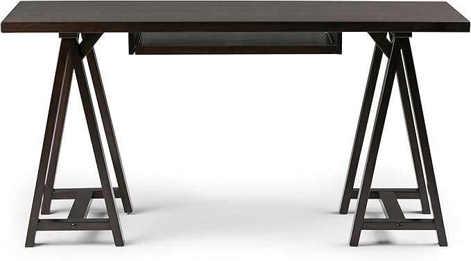 SIMPLIHOME Sawhorse Desk - 60 Inch Wide Solid Wood Writing Desk in Dark Chestnut Brown, Modern Industrial Home Office Computer Table for Workspace with Sawhorse Base and Integrated Keyboard Tray