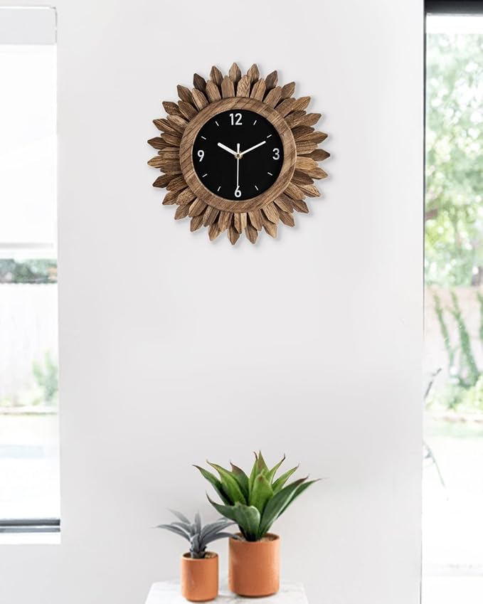 Honiway Wall Clock Battery Operated 12 in Rustic Wood Boho Sunburst Decorative Wall Clock Silent Non Ticking Farmhouse Small Wall Clocks for Living Room Kitchen Bathroom Bedroom Decor (Rustic Brown)