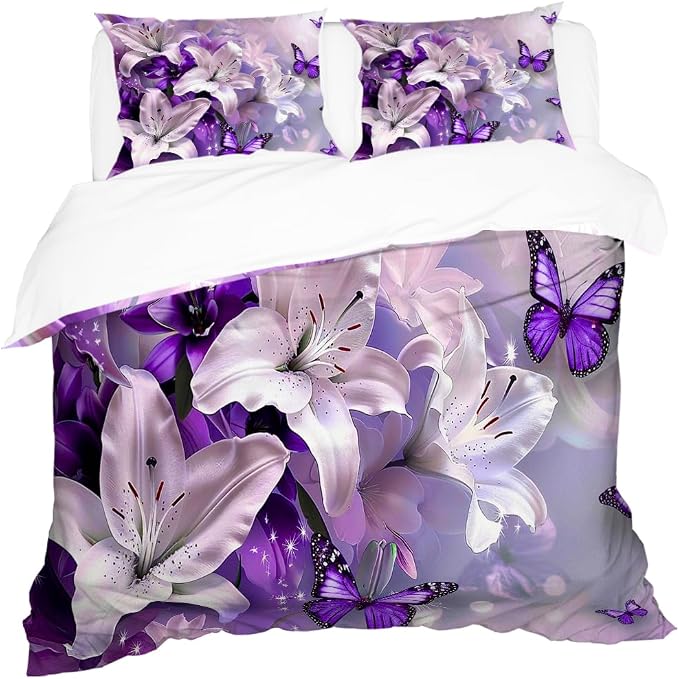 Purple Flowers Butterfly Duvet Cover Twin Size Graceful Purple Duvet Cover Set with Zipper Closure,Cute Floral Bedding Comforter Cover, 3 Pieces,Girls Duvet Cover 68"x88" and 2 Pillowcovers
