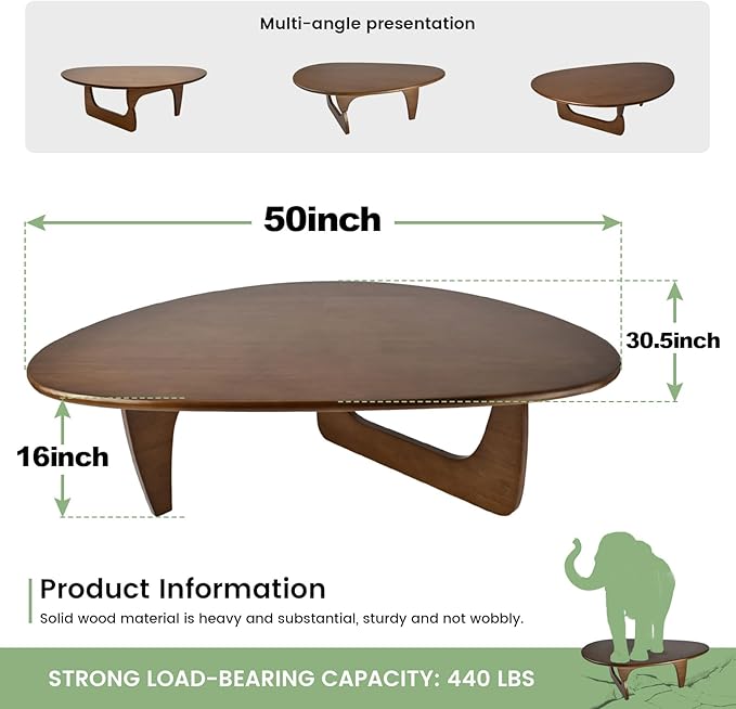 Solid Wooden Modern Triangle Coffee Table: Unique Funky Coffee Tables for Living Room, Oval Mid-Century Irregular Abstract Tea Tables for Patio Office Balcony Bedroom (Walnut, 50" L x 31" W x 16" H)