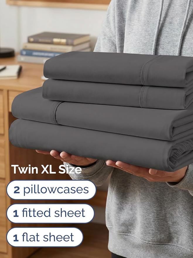 Extra Deep Twin XL Sheet Set - 4 Piece College Dorm Bed Sheets Set with Extra Deep Pockets - Ultra-Soft, Comfy & Breathable Bedding for Women, Men, Kids & Teens - Wrinkle Free & Fade Resistant - Grey