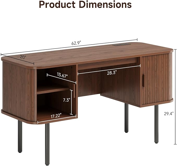 63 Inch Fluted Computer Desk with Power Outlets,Mid Century Wood Office Desk with Storge Cabinets & Sliding Door,Large Executive Desk for Office, Study, Living Room, Bedroom, Walnut