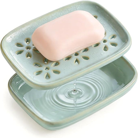 Miamolo Soap Dish for Shower with Drainage, 2-Tier Soap Holder for Bar Soap Sponge, Ceramic Soap Dish with Removable Drip Tray for Bathroom Sink, Mess-Free, Easy Cleaning Dishwasher Safe, Blue