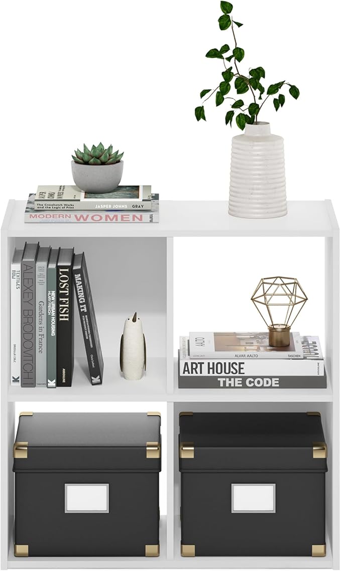 Furinno PELLI Book Shelf, 4-Cube Bookshelf with Open & Closed Back Cubes, 2 x 2 Storage Organizer Cabinet, 11.6 x 24.2 x 24.2, for Living Room, Bedroom, Home Office, White