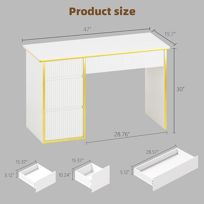 4 EVER WINNER White Desk with Drawers, 47'' Computer Desk with 4 Drawers for Small Spaces, Small Office Desk with File Drawer for Study Room, Bedroom, White and Gold Desk