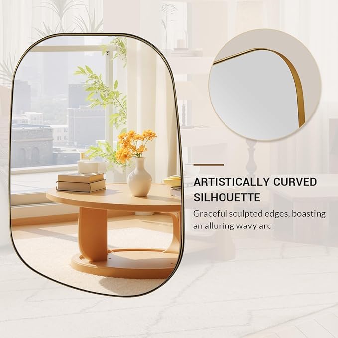ANDY STAR Gold Bathroom Mirror, 24"x32" Brushed Brass Asymmetrical Wall Mirror in Stainless Steel Metal Frame, Unique Vanity Mirror with Modern Curved Design, Ideal for Bathroom, Bedroom, Entryway