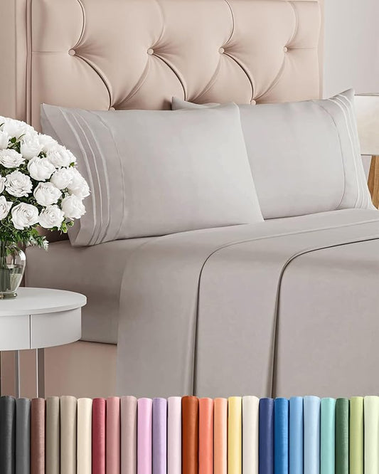 Cal King Size 4 Piece Sheet Set - Comfy Breathable & Cooling Sheets - Hotel Luxury Bed Sheets for Women & Men - Deep Pockets, Easy-Fit, Soft & Wrinkle Free Sheets - Light Grey Oeko-Tex Bed Sheet Set