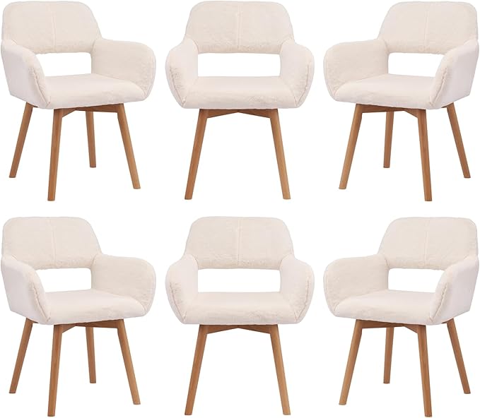 Mid Century Modern Dining Chairs Set of 6 Comfy Accent Chair Upholstered Kitchen Dining Living Room Chairs for Bedrooms Waiting Room Home Arm Desk Chair No Wheels (Rabbit Fur White, 6)