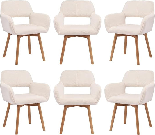 Mid Century Modern Dining Chairs Set of 6 Comfy Accent Chair Upholstered Kitchen Dining Living Room Chairs for Bedrooms Waiting Room Home Arm Desk Chair No Wheels (Rabbit Fur White, 6)