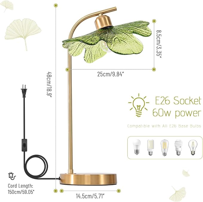 Glass Table Lamps Mid Century Modern Table lamp Gold Desk lamp tall table lamp nightstand lamp touch Table lamp with Green Flower Design Bedside Table Lamp for end table Bedroom Living Room Office