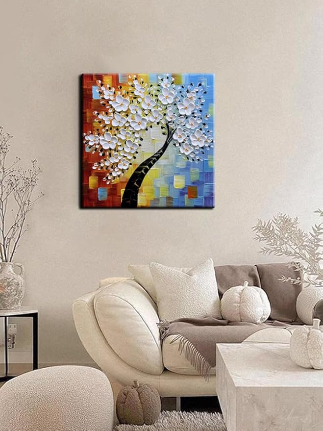 YaSheng Art - hand-painted Oil Painting On Canvas white Flowers Paintings Modern Home Interior Decor Wall Art for living room Abstract Art picture Ready to hang 24x24inch